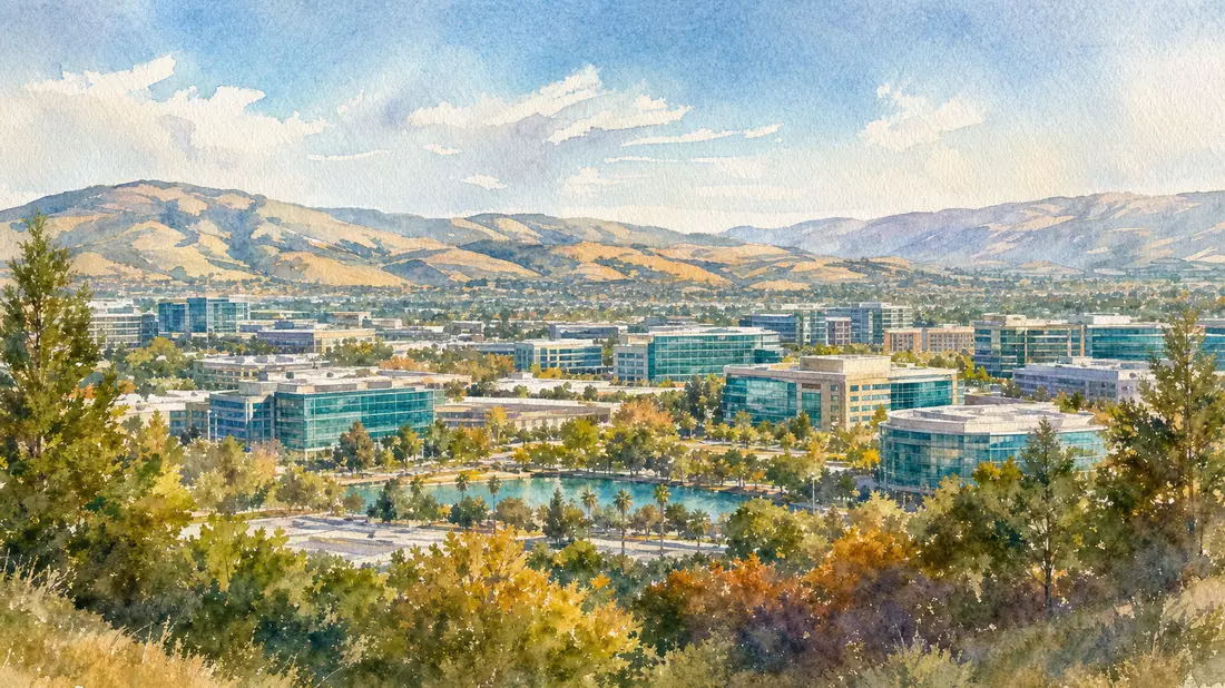 Aquarell des Silicon-Valley-Campus mit Bürogebäuden und Hügeln