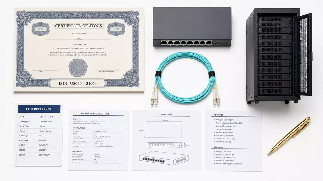 Flatlay mit Aktienzertifikat ISIN US0404131064 und Netzwerk-Switch