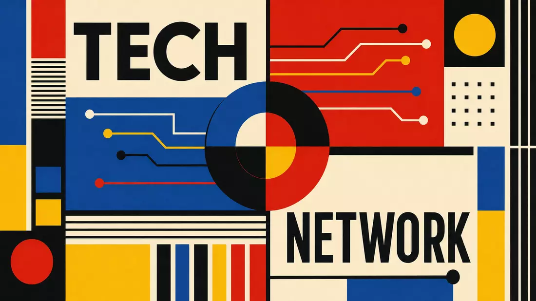 Bauhaus-Poster mit TECH und NETWORK in Primärfarben und geometrischen Formen
