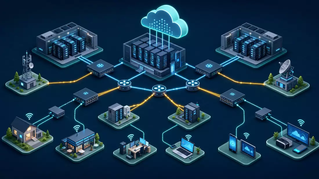 Isometrische 3D-Illustration einer Cloud-Netzwerk-Infrastruktur mit Rechenzentren