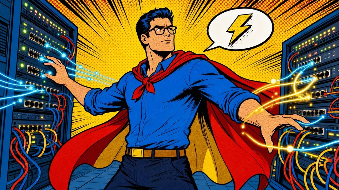 Bunter Pop-Art-Comic mit Superheld-Netzwerktechniker und Glasfaser-Datenströmen
