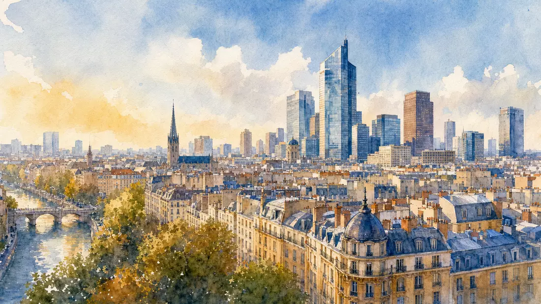 Aquarell-Stadtbild mit Bürotürmen und historischen Gebäuden, Aroundtown SA