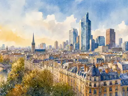 Aroundtown SA LU1673108939 als Aquarell-Panorama einer europäischen Großstadt mit Bürotürmen und Wohngebäuden - Foto: THN