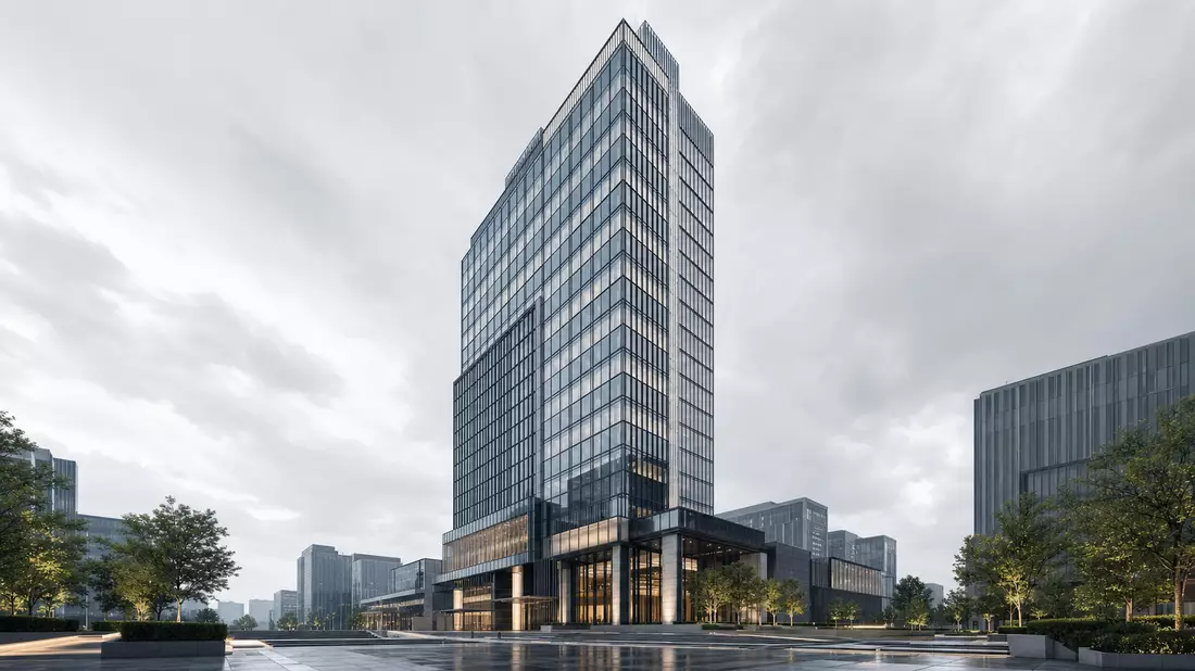 Architektur-CGI-Render Bürohochhaus Glas und Stahl, Aroundtown SA