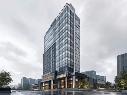 Aroundtown SA LU1673108939 als CGI-Architekturrender eines modernen Glas-Stahl-Hochhauses in einem europäischen Stadtquartier - Foto: THN
