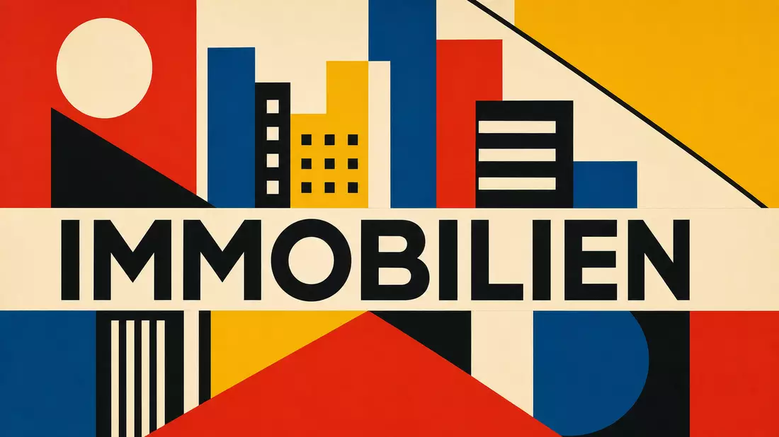 Bauhaus-Poster geometrisch IMMOBILIEN Schriftzug Primärfarben, Aroundtown SA
