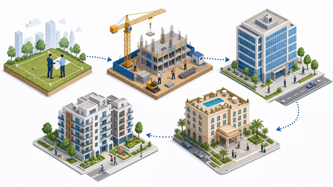 Isometrische 3D Grafik Immobilien-Wertschöpfungskette Büro Hotel Wohnen, Aroundtown SA
