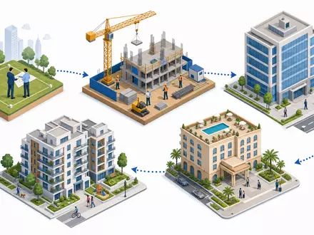 Aroundtown SA LU1673108939 als isometrische 3D-Illustration der Immobilien-Wertschöpfungskette von Grundstück bis Hotelimmobilie - Foto: THN