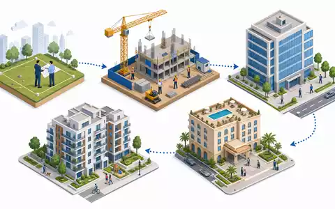 Aroundtown SA LU1673108939 als isometrische 3D-Illustration der Immobilien-Wertschöpfungskette von Grundstück bis Hotelimmobilie - Foto: THN