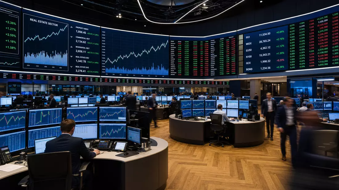 Börsensaal Handelsparkett Trader Screens Immobilien-Charts, Aroundtown SA