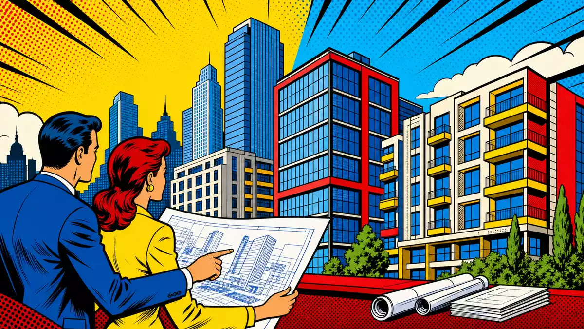Pop-Art Comic Stadtentwicklung Bürogebäude Architekten Bauplan, Aroundtown SA