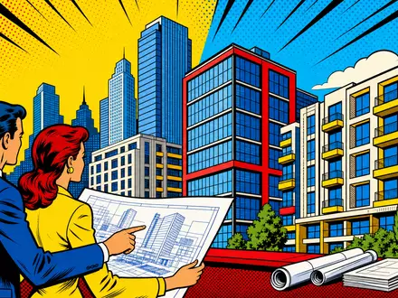 Aroundtown SA LU1673108939 als Pop-Art-Comicszene mit bunten Bürogebäuden und Architekten bei der Bauplanung - Foto: THN