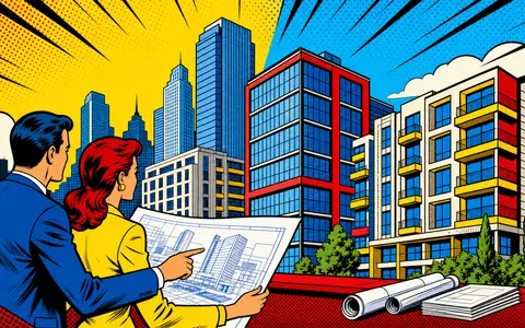 Aroundtown SA LU1673108939 als Pop-Art-Comicszene mit bunten Bürogebäuden und Architekten bei der Bauplanung - Foto: THN