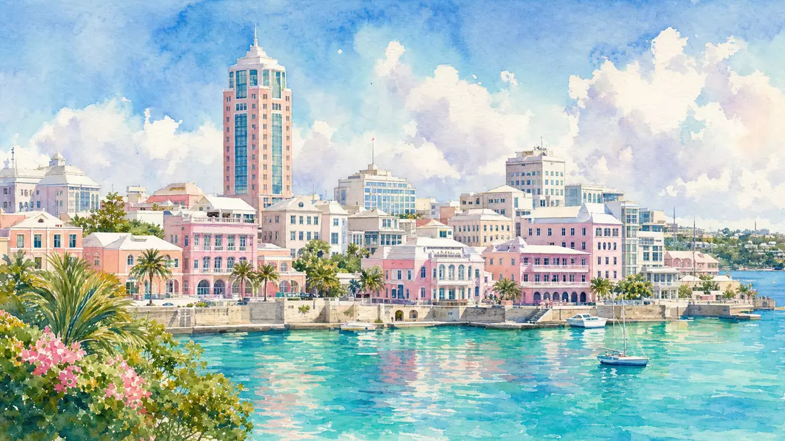 Aquarell des Bermuda Financial District mit pastellfarbenen Gebäuden am Hafen
