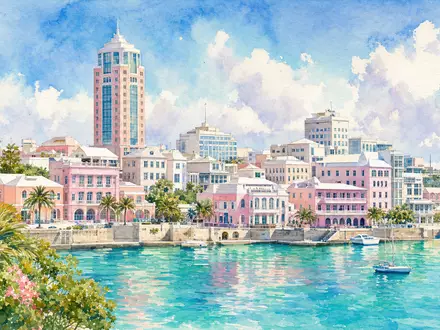 Arch Capital Group BMG0450A1053 Bermuda Finanzdistrikt aquarelliert mit türkisblauen Hafenreflexionen und warmen Pastelltönen - Foto: THN