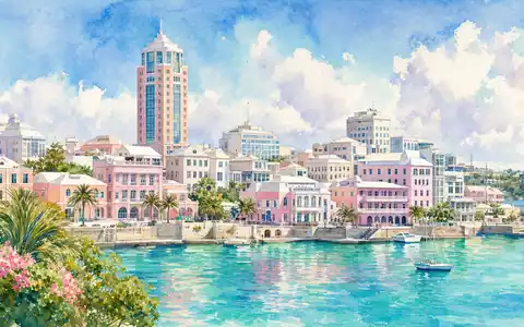 Arch Capital Group BMG0450A1053 Bermuda Finanzdistrikt aquarelliert mit türkisblauen Hafenreflexionen und warmen Pastelltönen - Foto: THN