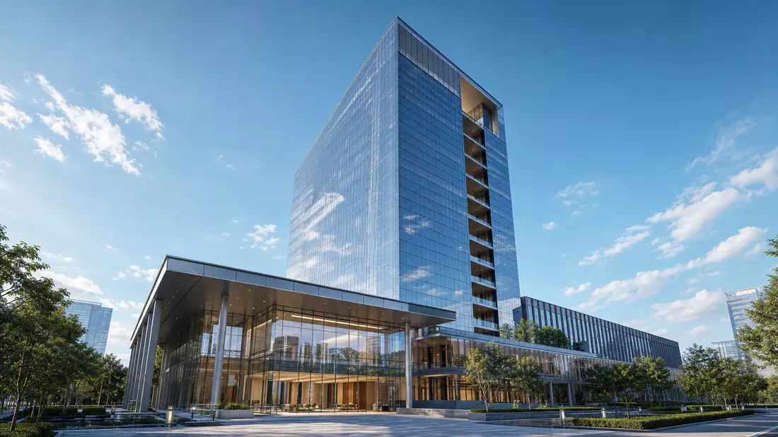 Architektur-CGI-Render eines modernen Glas-Stahl-Hochhauses für Versicherungsunternehmen