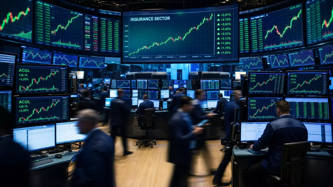 NASDAQ-Handelsraum mit Börsenhändlern und Insurance-Sektor-Kursdaten auf großen Screens