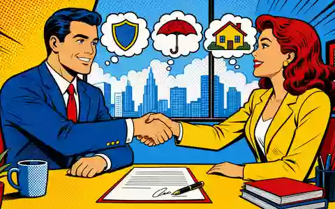 Arch Capital Group BMG0450A1053 Pop-Art-Comic zeigt Versicherungsbroker mit Handschlag und Risikosymbolen in Sprechblasen - Foto: THN