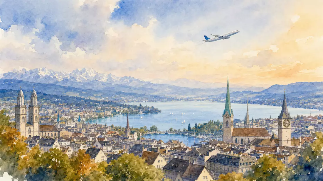 Aquarellbild der Zürcher Altstadt mit See, Bergen und einem aufsteigenden Flugzeug