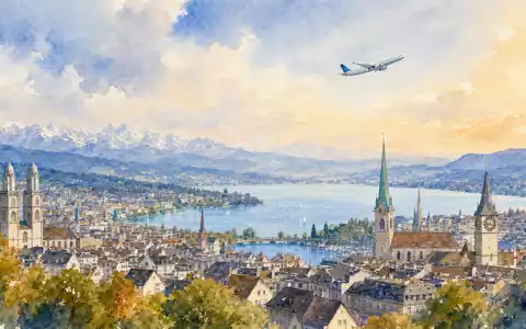 Aquarellmalerei der Zürcher Stadtlandschaft mit Flugzeug visualisiert Flughafen Zürich AG CH0019318550, Schweizer Flughafenbetreiber und Verkehrsinfrastruktur - Foto: THN