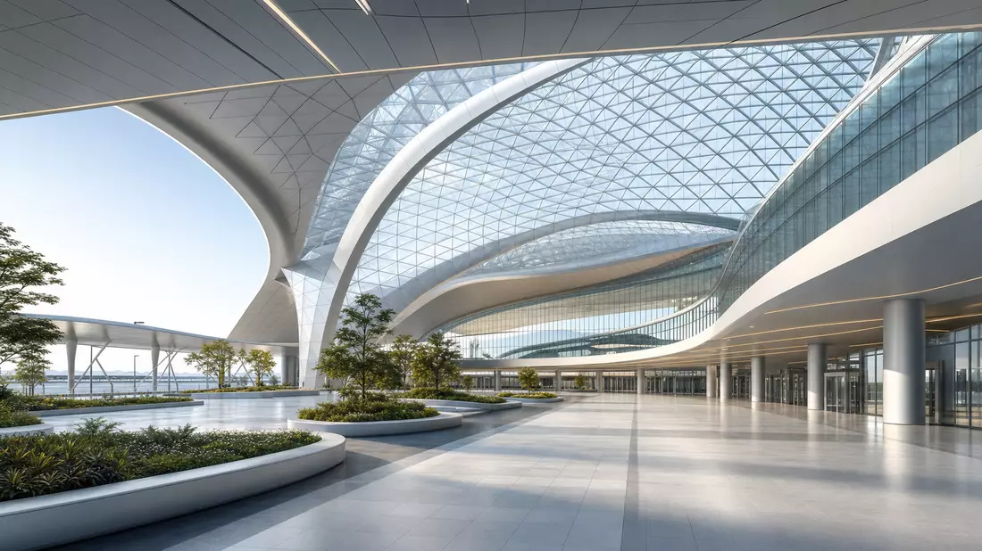 3D-Architekturvisualisierung eines modernen Flughafenterminals mit geschwungenem Glasdach