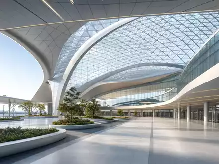 Architektonisches Render eines futuristischen Terminals repräsentiert Flughafen Zürich AG CH0019318550, modernen Flughafenbetreiber mit anspruchsvoller Verkehrsinfrastruktur - Foto: THN