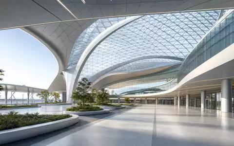 Architektonisches Render eines futuristischen Terminals repräsentiert Flughafen Zürich AG CH0019318550, modernen Flughafenbetreiber mit anspruchsvoller Verkehrsinfrastruktur - Foto: THN