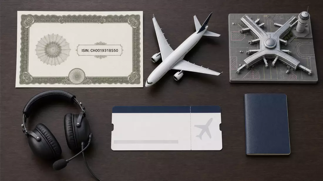Flatlay mit Aktienzertifikat, Flugzeugmodell, Bordkarte und Kopfhörer auf dunklem Holztisch