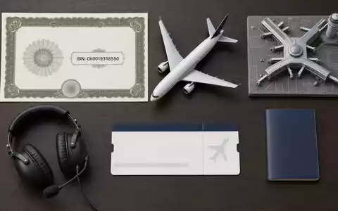 Flatlay mit Aktienzertifikat zeigt ISIN CH0019318550 der Flughafen Zürich AG, verbunden mit Flughafenbetreiber-Symbolen der Verkehrsinfrastruktur - Foto: THN