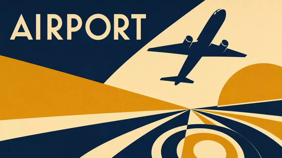 Geometrisches Bauhaus-Poster mit stilisiertem Flugzeug und dem Schriftzug AIRPORT