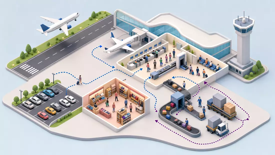 Isometrische 3D-Illustration eines Flughafens mit Terminal, Gepäckförderband und Kontrollturm