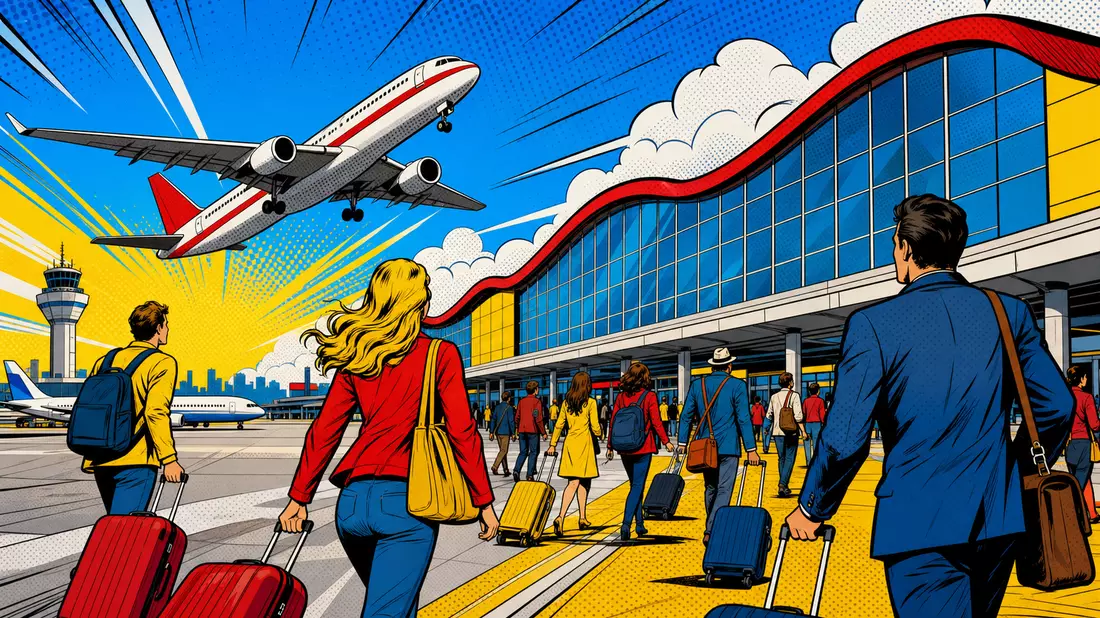 Bunte Pop-Art-Comic-Illustration eines startenden Flugzeugs über einem Flughafenterminal