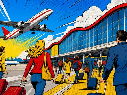 Farbenfrohe Pop-Art-Comic-Szene mit startendem Flugzeug illustriert Flughafen Zürich AG CH0019318550, dynamischen Schweizer Flughafenbetreiber lebendig - Foto: THN