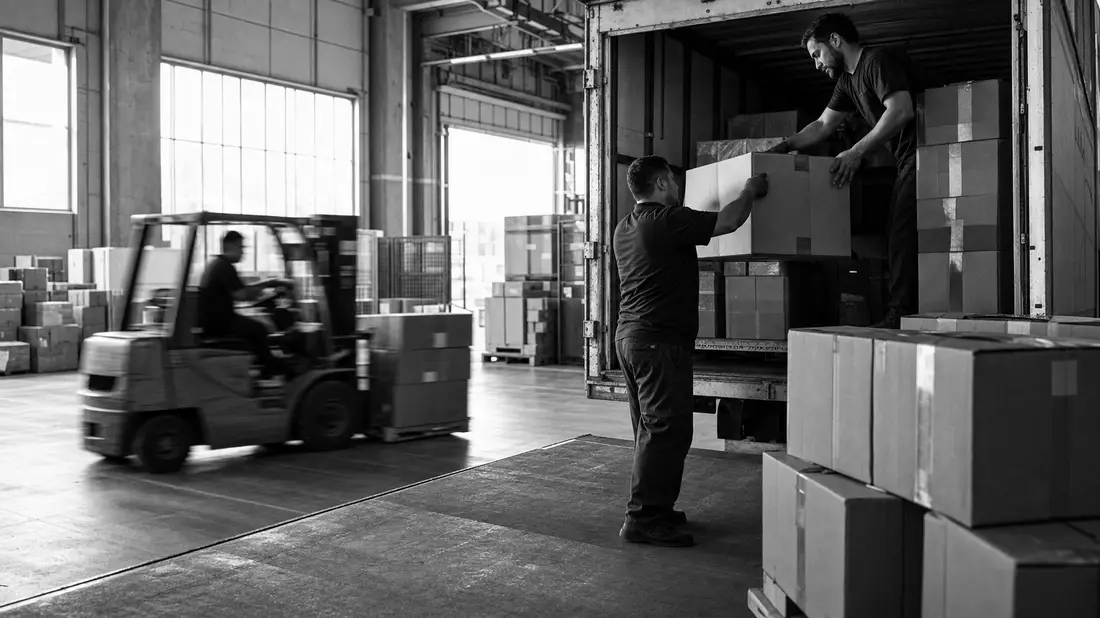 Schwarzweiss-Dokumentarfoto von Arbeitern beim Verladen von Kartons im Lager