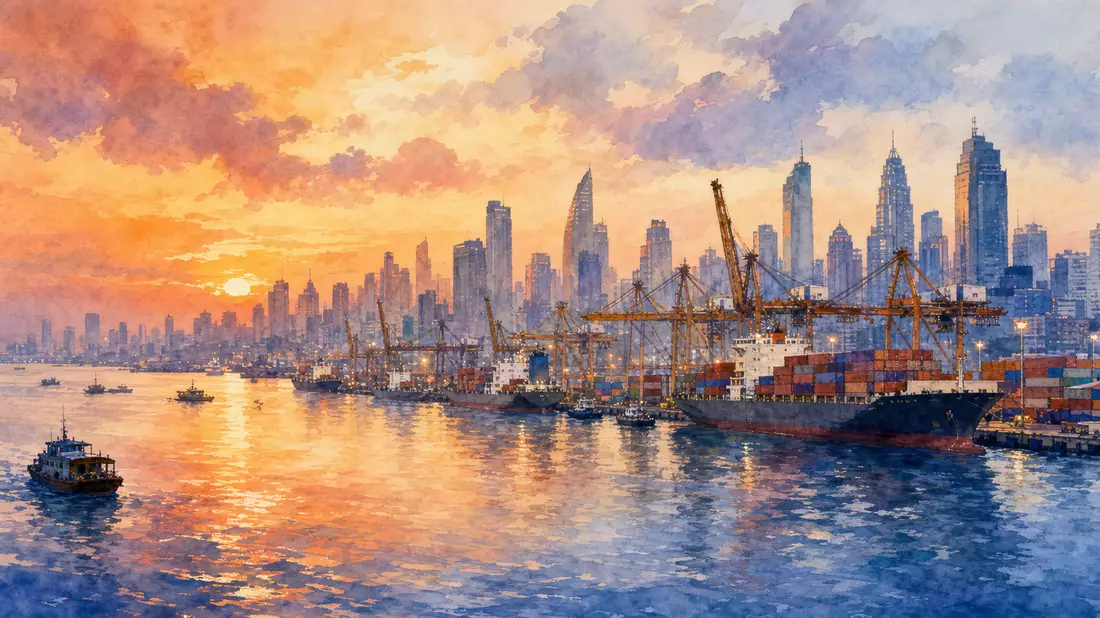 Aquarellbild einer Hafenstadt-Skyline mit Frachtschiffen und Handelsgebäuden