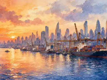 Aquarellmalerei stellt Zürcher Firmensitz-Stimmung passend zu DKSH Holding AG, ISIN CH0012684657, mit asiatischer Hafenstadt-Silhouette dar - Foto: THN