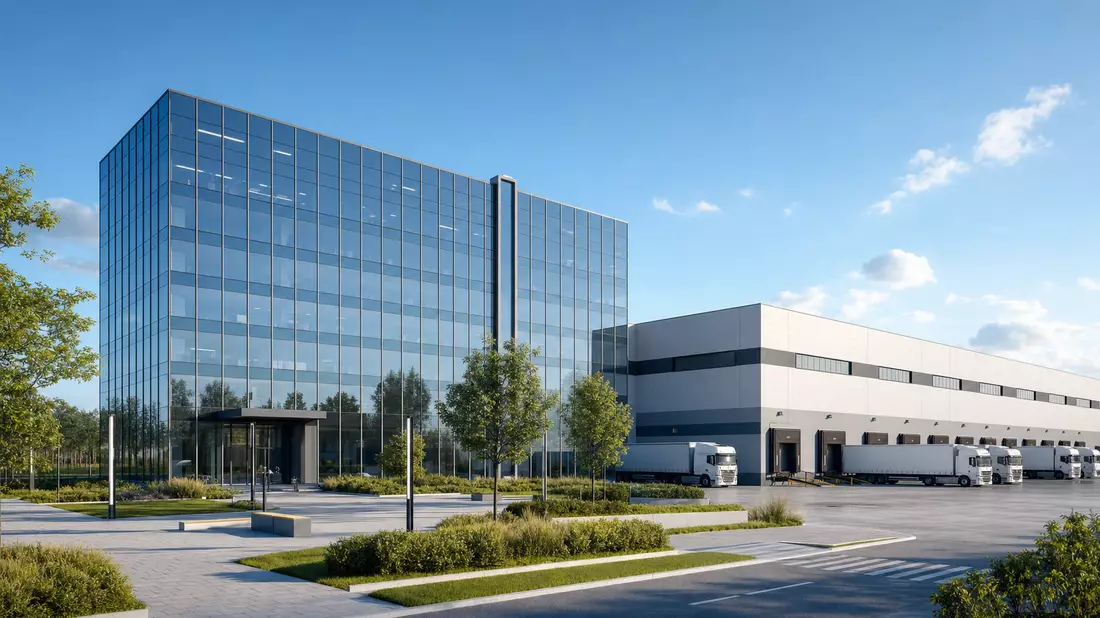 Architekturvisualisierung eines gläsernen Bürohochhauses neben Logistikhalle