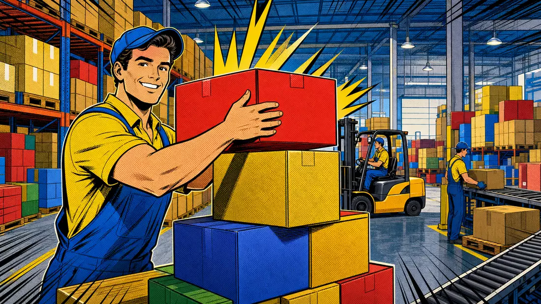 Pop-Art-Comic-Illustration eines Arbeiters in bunter Lagerhalle mit Kisten