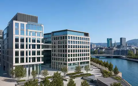 PSP Swiss Property AG (CH0011037469) besitzt hochwertige Büroimmobilien, hier fotorealistisch als moderner Gebäudekomplex dargestellt - Foto: THN