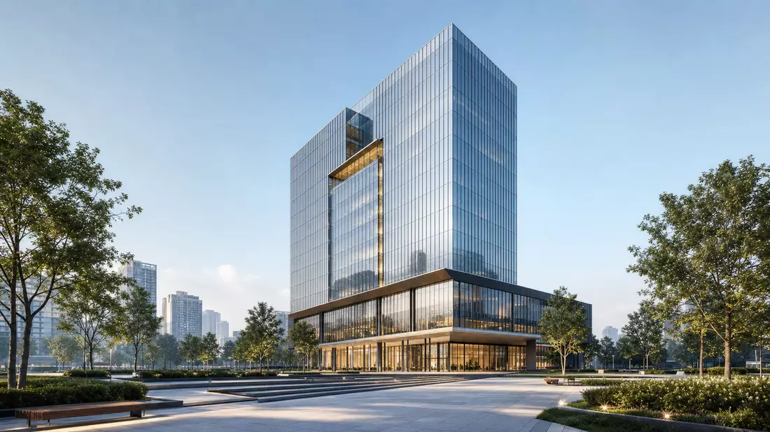 3D-Architekturvisualisierung eines gläsernen Büroturms mit begrüntem Vorplatz