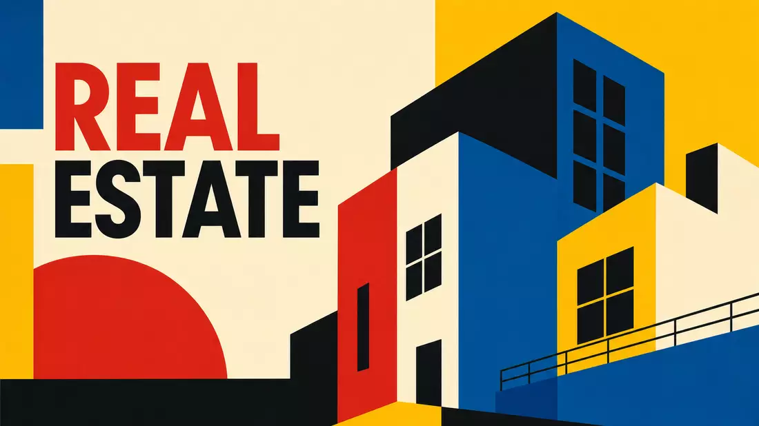 Geometrisches Bauhaus-Poster mit bunten Gebäudeformen und Schriftzug Real Estate