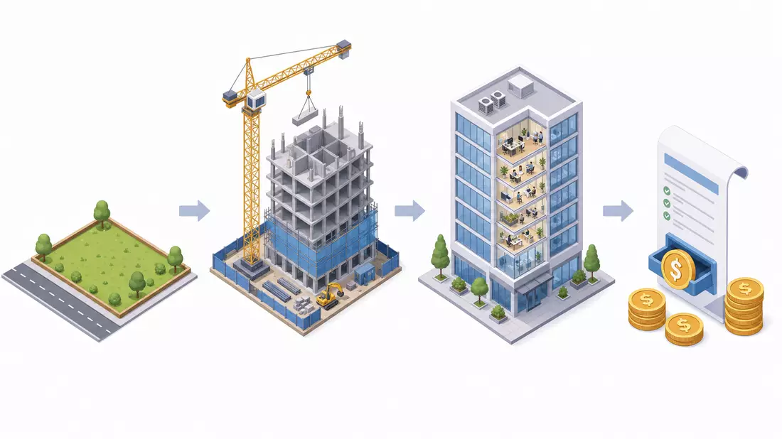 Isometrische 3D-Grafik zur Wertschöpfungskette von Grundstück bis vermietetem Gebäude