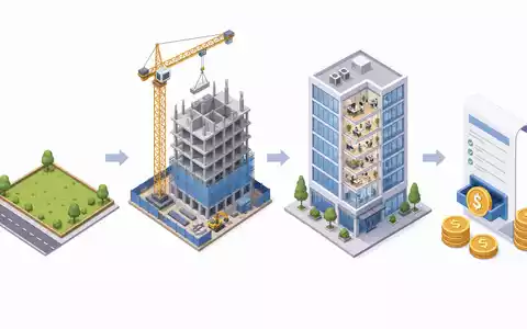 PSP Swiss Property AG (CH0011037469) verwaltet Bestandsprojekte, visualisiert als isometrische Wertschöpfungskette der Immobilienentwicklung - Foto: THN