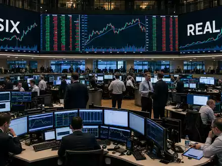 PSP Swiss Property AG (CH0011037469) notiert an der Börse, gezeigt als belebter Handelssaal mit Kurscharts - Foto: THN