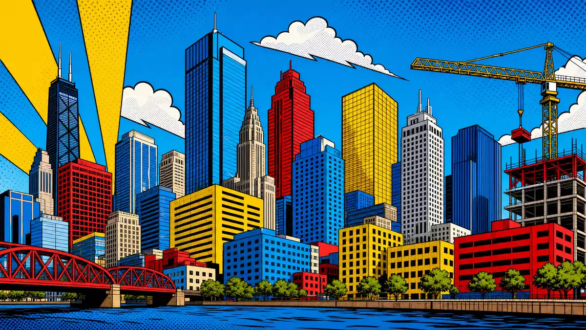 Bunte Pop-Art-Comic-Illustration einer Stadt-Skyline mit Baukran und Brücke