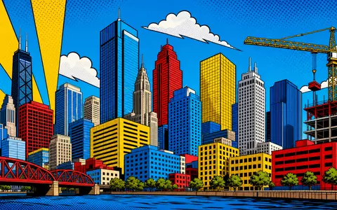 PSP Swiss Property AG (CH0011037469) verkörpert urbane Immobilien, illustriert als farbenfrohe Pop-Art-Comic-Skyline mit Baukran - Foto: THN