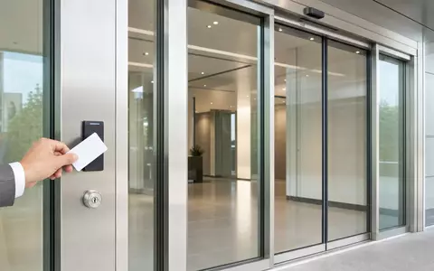 Dormakaba Holding AG (CH0011795959) zeigt fotorealistisch elektronisches Zutrittssystem an moderner Glaseingangstür eines Bürogebäudes - Foto: THN