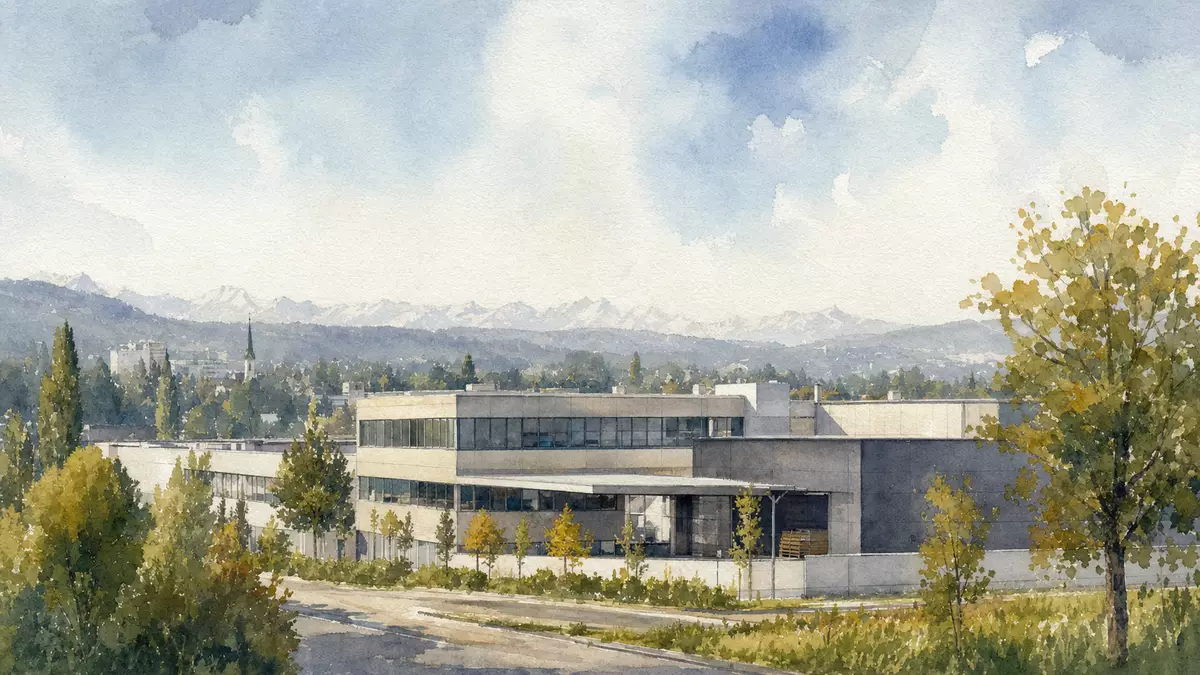 Aquarellmalerei eines modernen Industriestandorts nahe Zürich mit Alpenpanorama