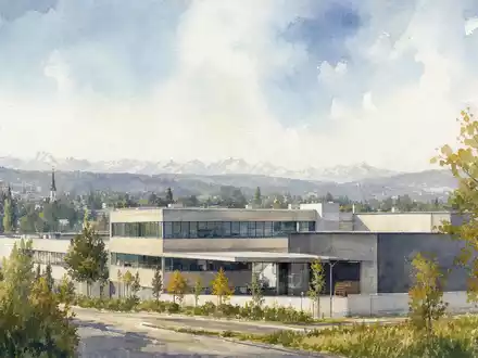Dormakaba Holding AG (CH0011795959) im Aquarell-Stil dargestellt: ruhiger Industriestandort nahe Zürich mit Bergpanorama im Hintergrund - Foto: THN